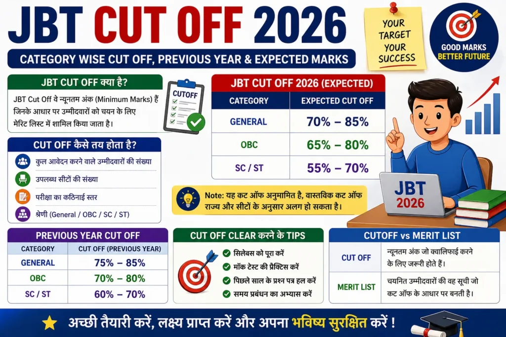 JBT Cut Off 2026 – Category Wise Cut Off, Previous Year & Expected Marks