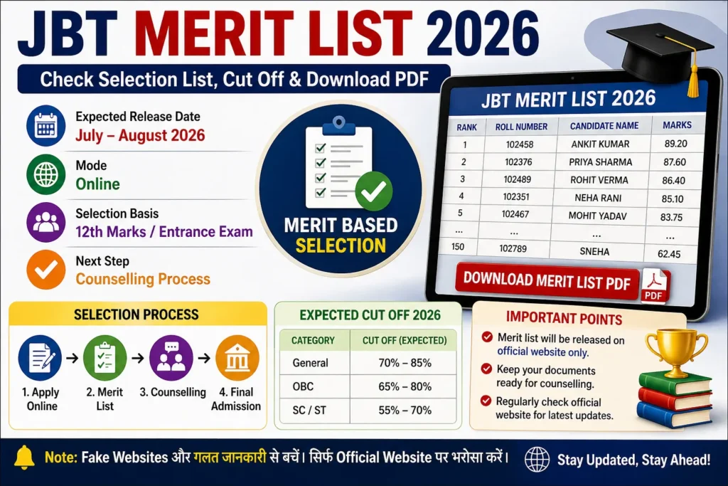 JBT Merit List 2026 – Check Selection List, Cut Off & Download PDF